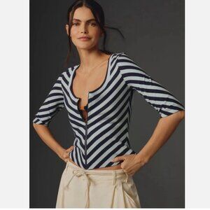 Anthropologie Maeve Front-Zip Scoop-Neck Top M Navy Blue Stripe EUC Retail $68